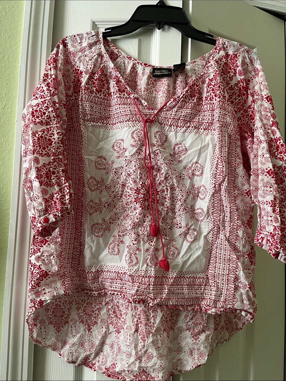 Sean Collection Red & White Boho Printed Peasant Top